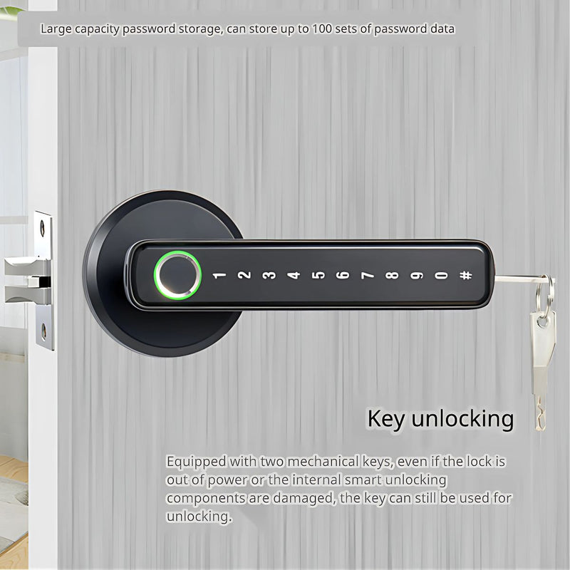 Cerradura Digital con huella dactilar código numérico y llave de respaldo. Cerrojo inteligente con manija. Control con tuya App.