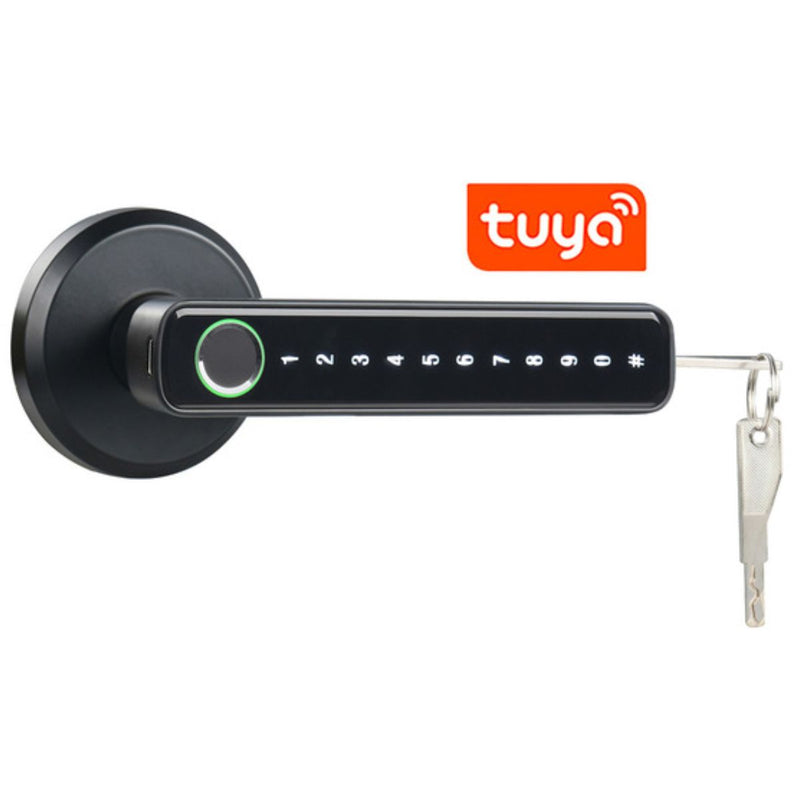 Cerradura Digital con huella dactilar código numérico y llave de respaldo. Cerrojo inteligente con manija. Control con tuya App.
