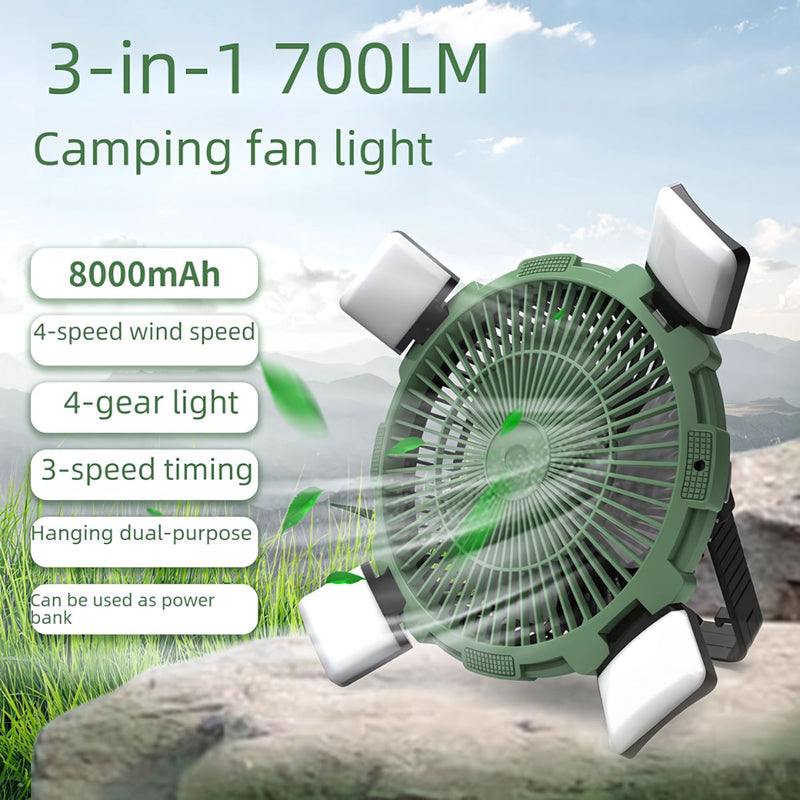 Ventilador con luces LED para camping. Abanico portátil para tiendas de acampar a control remoto. Inalámbrico.