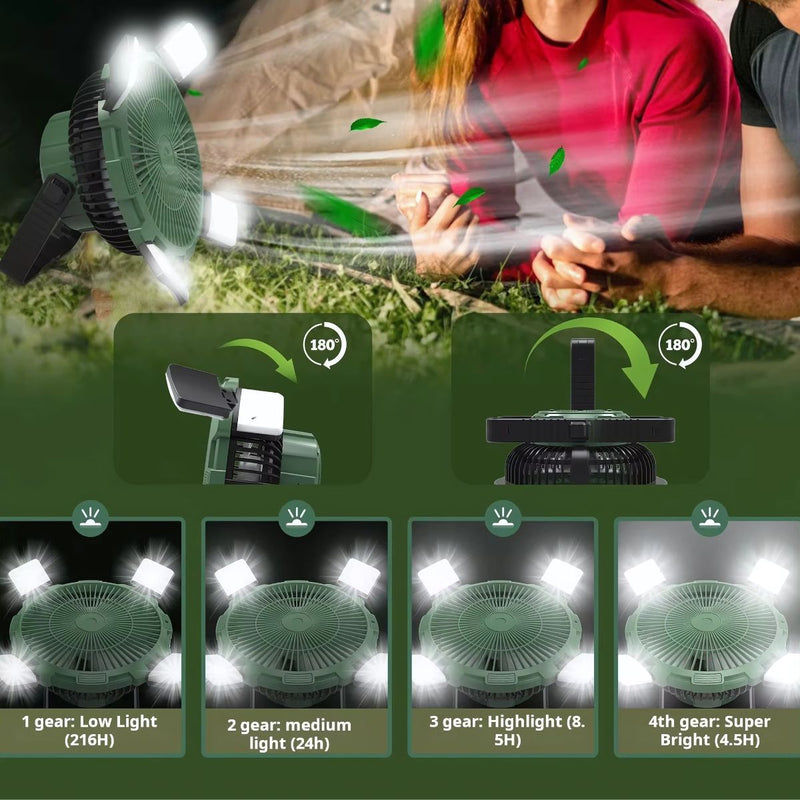 Ventilador con luces LED para camping. Abanico portátil para tiendas de acampar a control remoto. Inalámbrico.