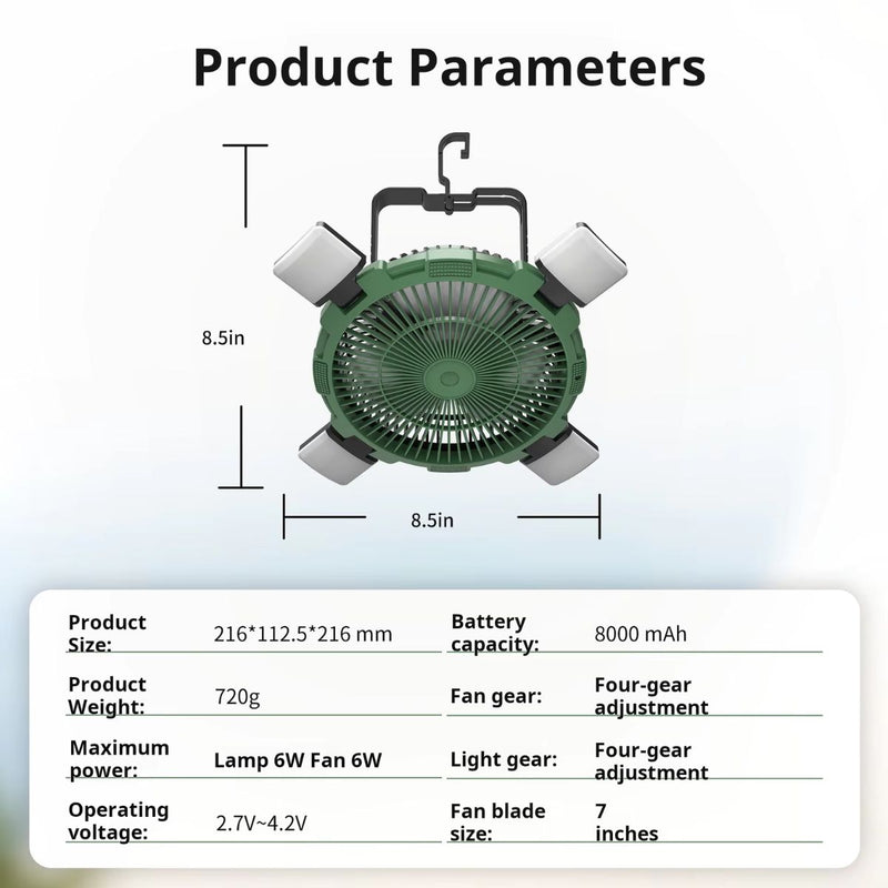 Ventilador con luces LED para camping. Abanico portátil para tiendas de acampar a control remoto. Inalámbrico.