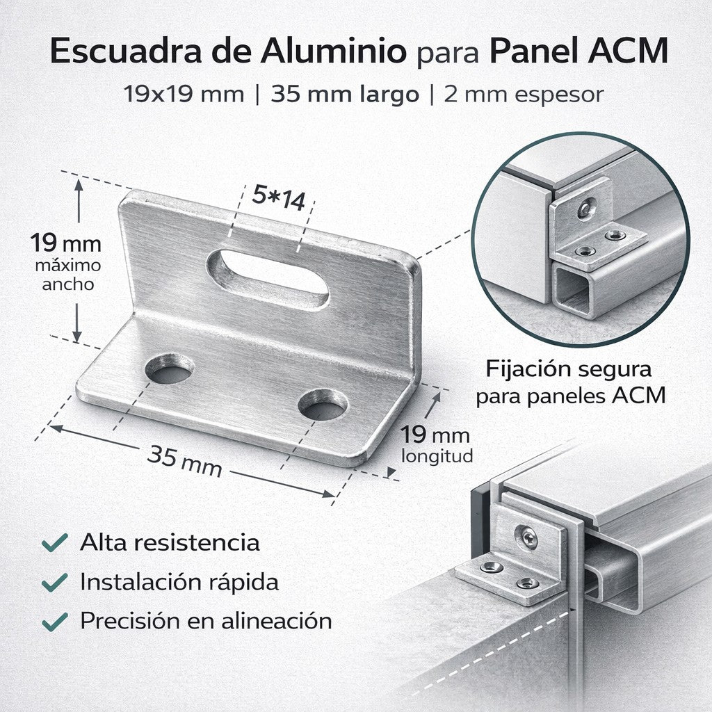 Escuadra de Aluminio Multiuso 19x19x35 mm (Espesor 2 mm) | Soporte para Panel ACM y Fijaciones Generales | Pack 100 Unidades