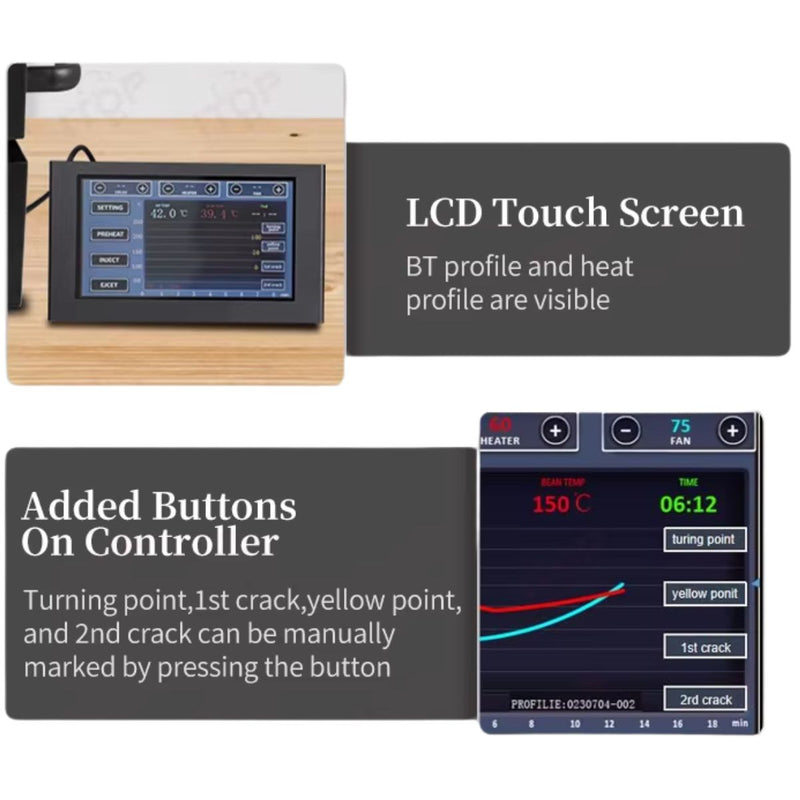 Tostadora de Café Profesional 500g con pantalla táctil 7”. Máquina Tostadora de Café en Grano 1000W. Control Automático, Manual y Artisan.