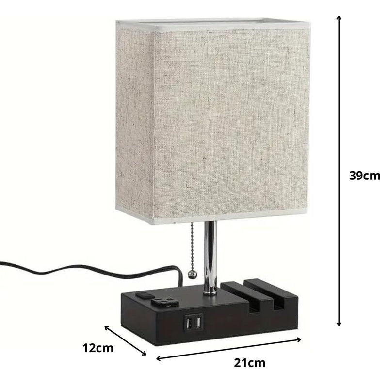 Lámpara de Mesa Multifuncional con Puertos USB y Tomas de Corriente 110V 60W. Luz Ajustable 3 Tonos con Soporte para Teléfono. Beige