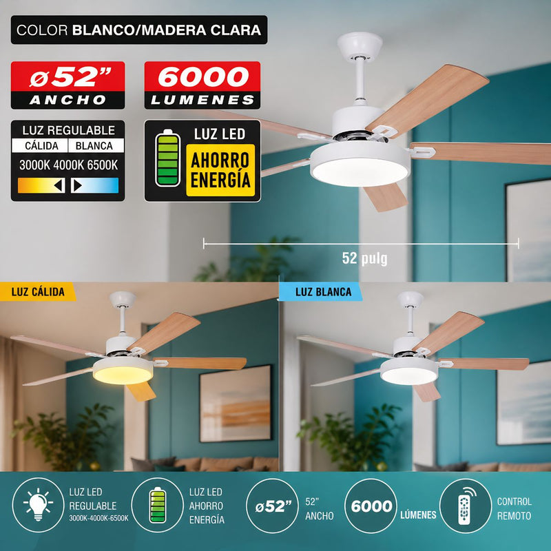 Abanico de Techo 52” Con Control Remoto y Luz LED 6000 Lúmenes. Ventilador de Aspas Planas de 56W Luz Regulable. Color Madera