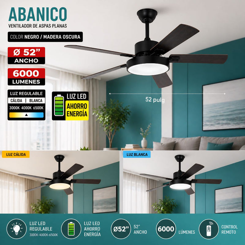 Abanico de Techo 52” Con Control Remoto y Luz LED 6000 Lúmenes. Ventilador de Aspas Planas de 56W Luz Regulable. Color Negro