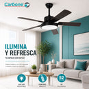 Abanico de Techo 52” Con Control Remoto y Luz LED 6000 Lúmenes. Ventilador de Aspas Planas de 56W Luz Regulable. Color Negro