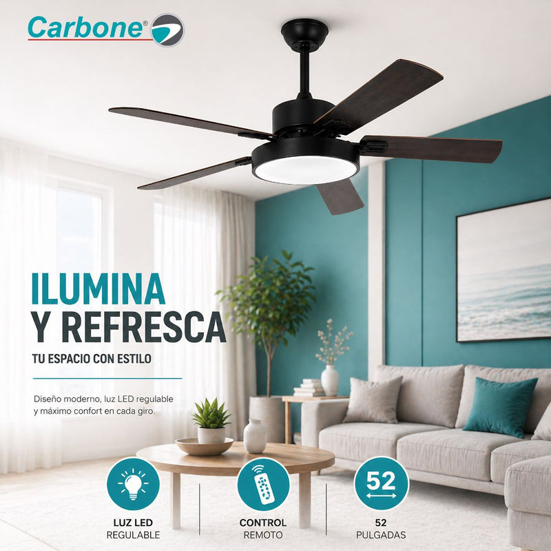 Abanico de Techo 52” Con Control Remoto y Luz LED 6000 Lúmenes. Ventilador de Aspas Planas de 56W Luz Regulable. Color Negro
