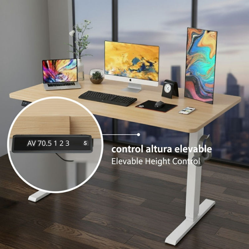 Mesa de pie ergonómica ajustable en altura 1200*600*15mm Blanco Marrón con memoria y accesorios. Escritorio eléctrico
