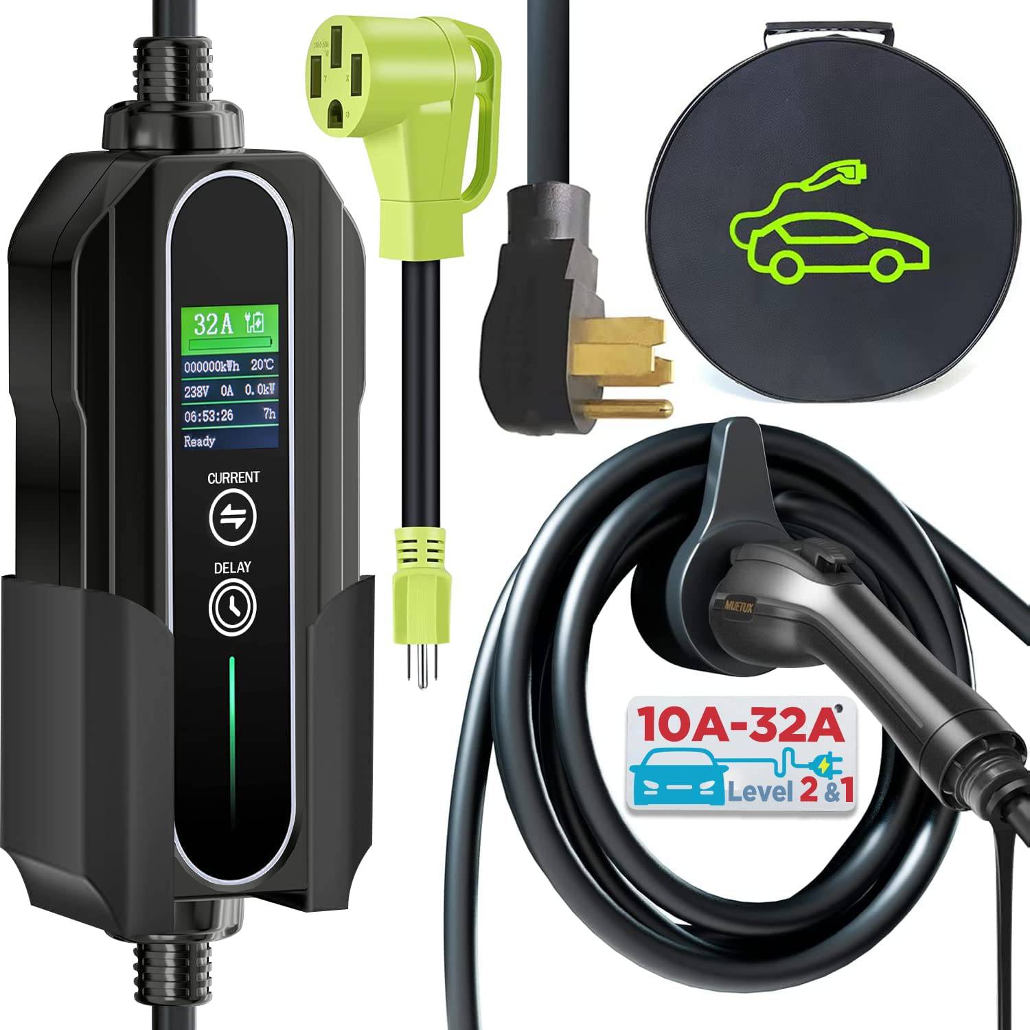 Cargador Carros Electricos EV Nivel 2 Y 1, 10-32 Amp, 110V-240V, De 25 Pies (Tipo 1- J1772)