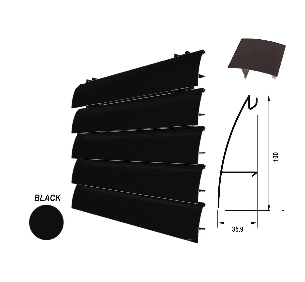 Lama Louver Curva Negra para clipar en marco U127 Ancho 100x35x1mm 5800 mm long.