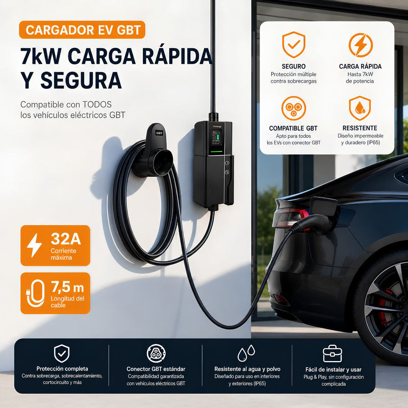 Cargador Para Vehículos Eléctricos GBT 7KW 32A. Estación De Carga EV Con Pantalla LCD, Corriente Ajustable Y Cable De 7.5 M.