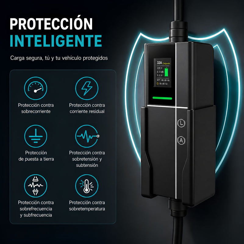 Cargador Para Vehículos Eléctricos GBT 7KW 32A. Estación De Carga EV Con Pantalla LCD, Corriente Ajustable Y Cable De 7.5 M.