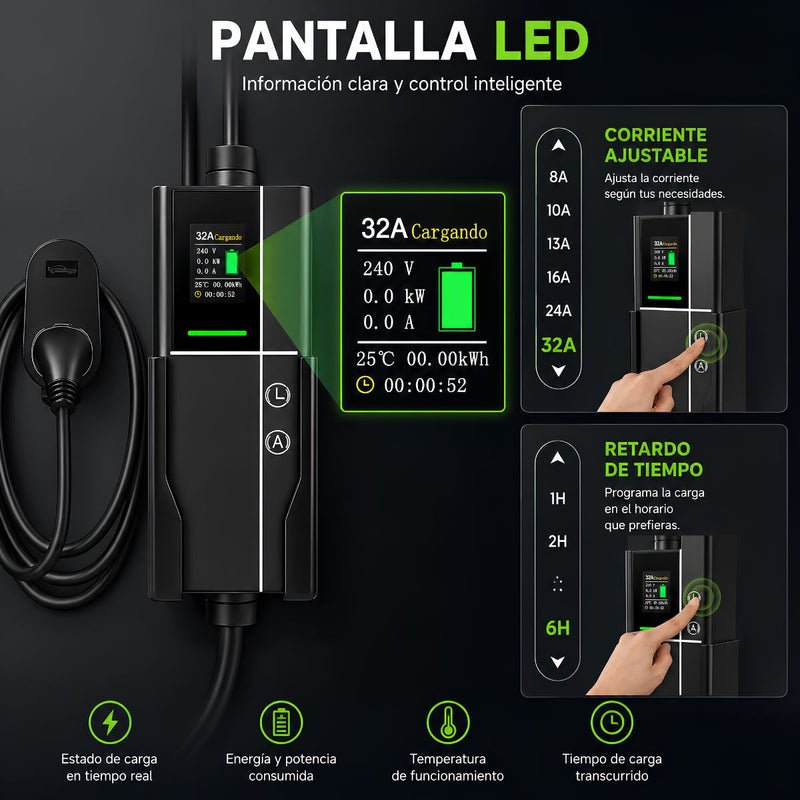Cargador Para Vehículos Eléctricos GBT 7KW 32A. Estación De Carga EV Con Pantalla LCD, Corriente Ajustable Y Cable De 7.5 M.