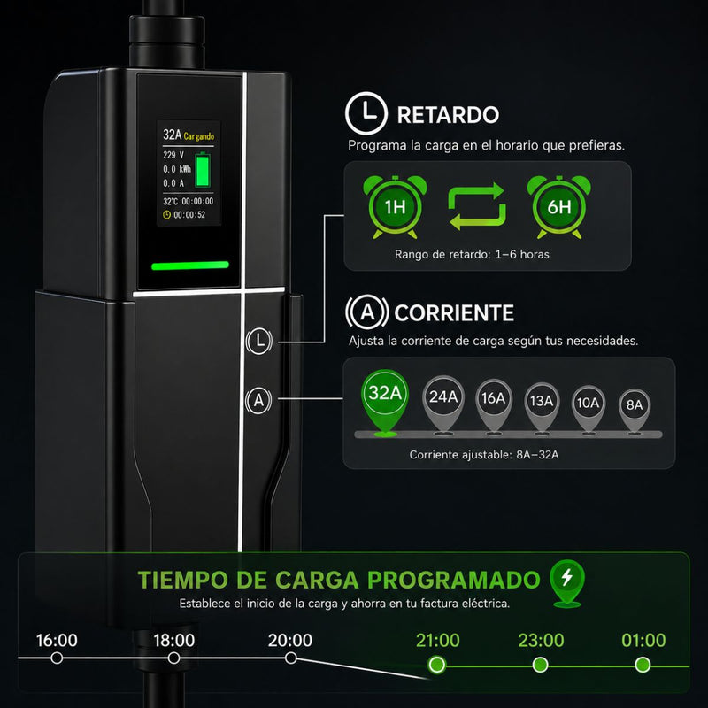 Cargador Para Vehículos Eléctricos GBT 7KW 32A. Estación De Carga EV Con Pantalla LCD, Corriente Ajustable Y Cable De 7.5 M.