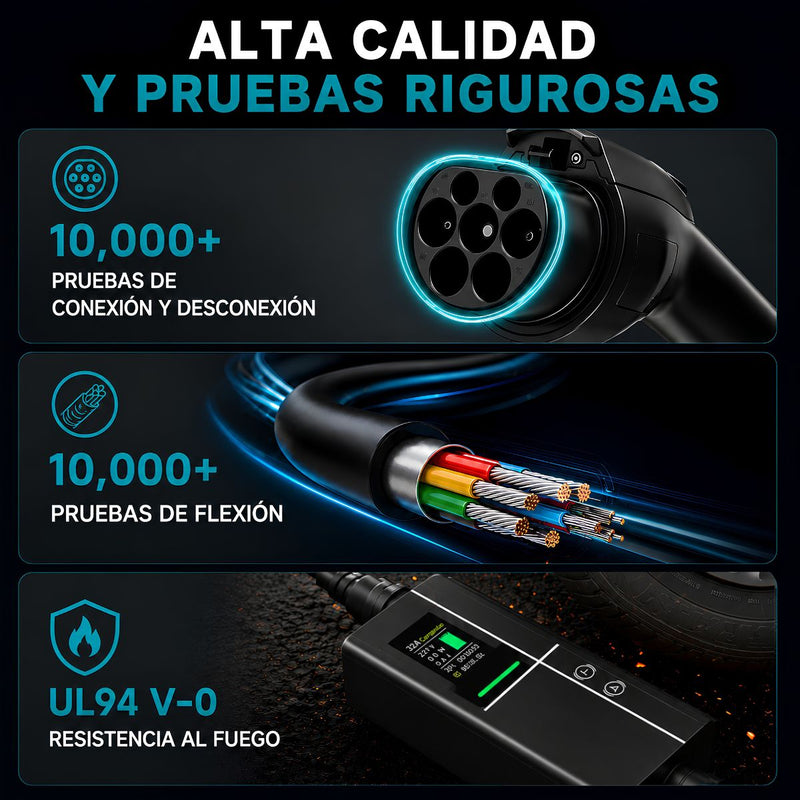 Cargador Para Vehículos Eléctricos GBT 7KW 32A. Estación De Carga EV Con Pantalla LCD, Corriente Ajustable Y Cable De 7.5 M.