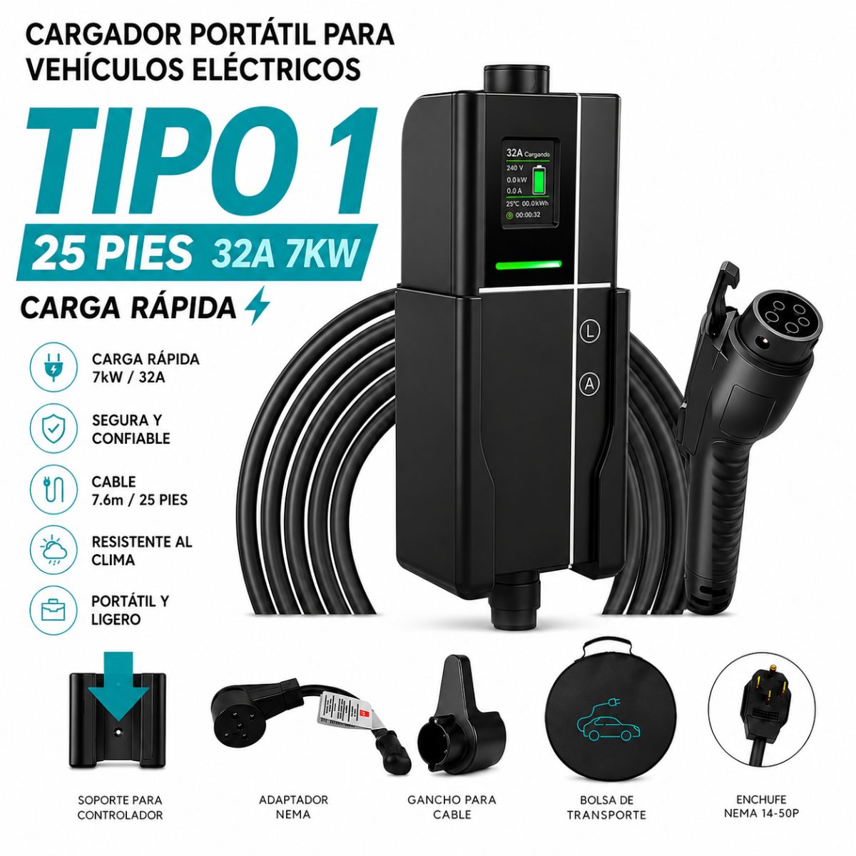 Cargador Portátil Para Vehículos Eléctricos Tipo 1 7KW 32A. Estación De Carga EV Con Pantalla LCD, Corriente Ajustable Y Cable De 7.5 M.