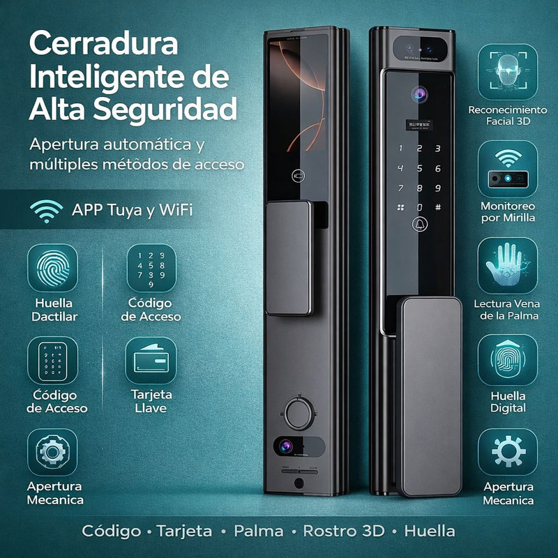 Cerradura de puerta inteligente con reconocimiento facial 3D Smart Lock de seguridad 7 en 1 Video Huella contraseña app wifi fácil de instalar 417*73mm