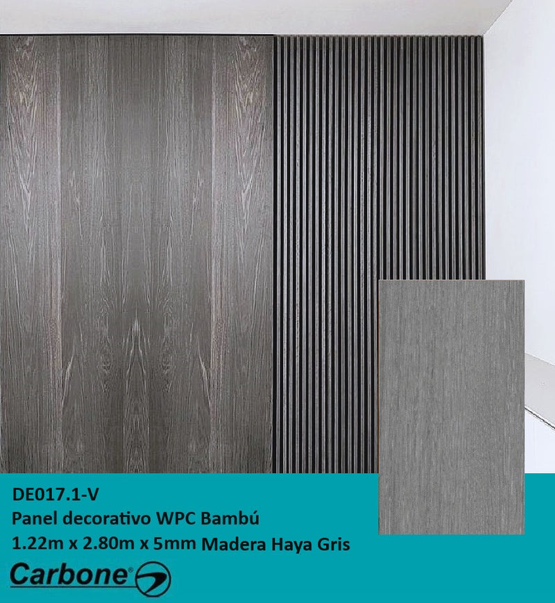 Panel Decorativo WPC Bambú 1.22 m x 2.80 m x 5 mm Madera Haya Gris