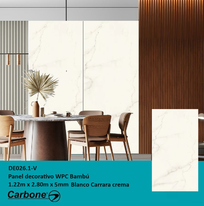 Panel Decorativo WPC Bambú 1.22 m x 2.80 m x 5 mm  Blanco Carrara Crema