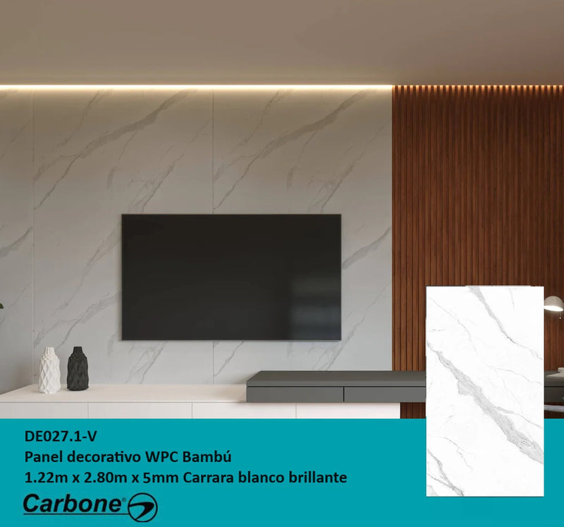 Panel Decorativo WPC Bambú 1.22 m x 2.80 m x 5 mm  Carrara blanco brillante