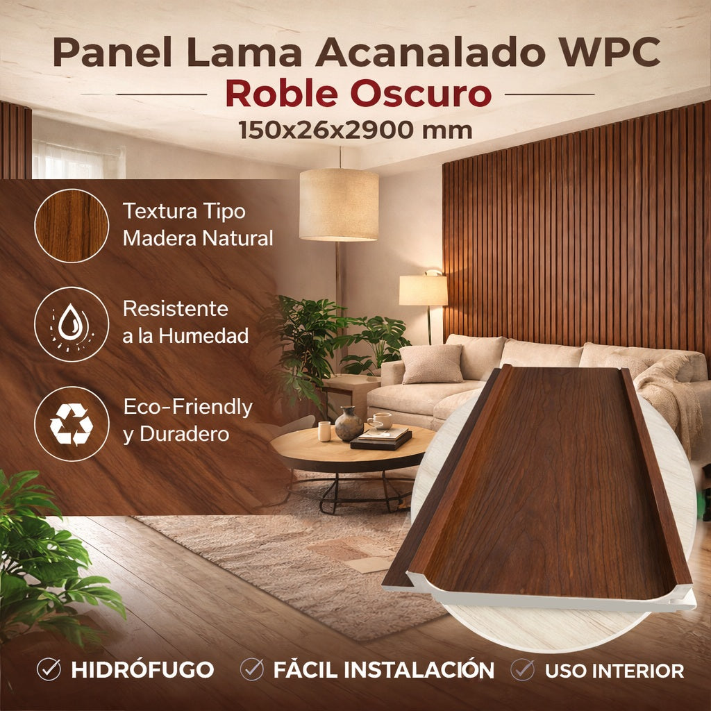 Panel Lama Acanalado WPC Roble Oscuro 150x24x2900 mm | Revestimiento Interior Hidrófugo para Muros y Techos