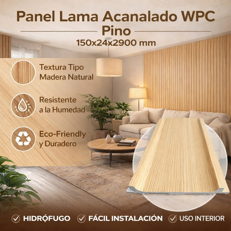 Panel Lama Acanalado WPC Pino 150x24x2900 mm | Revestimiento Interior Hidrófugo para Muros y Techos