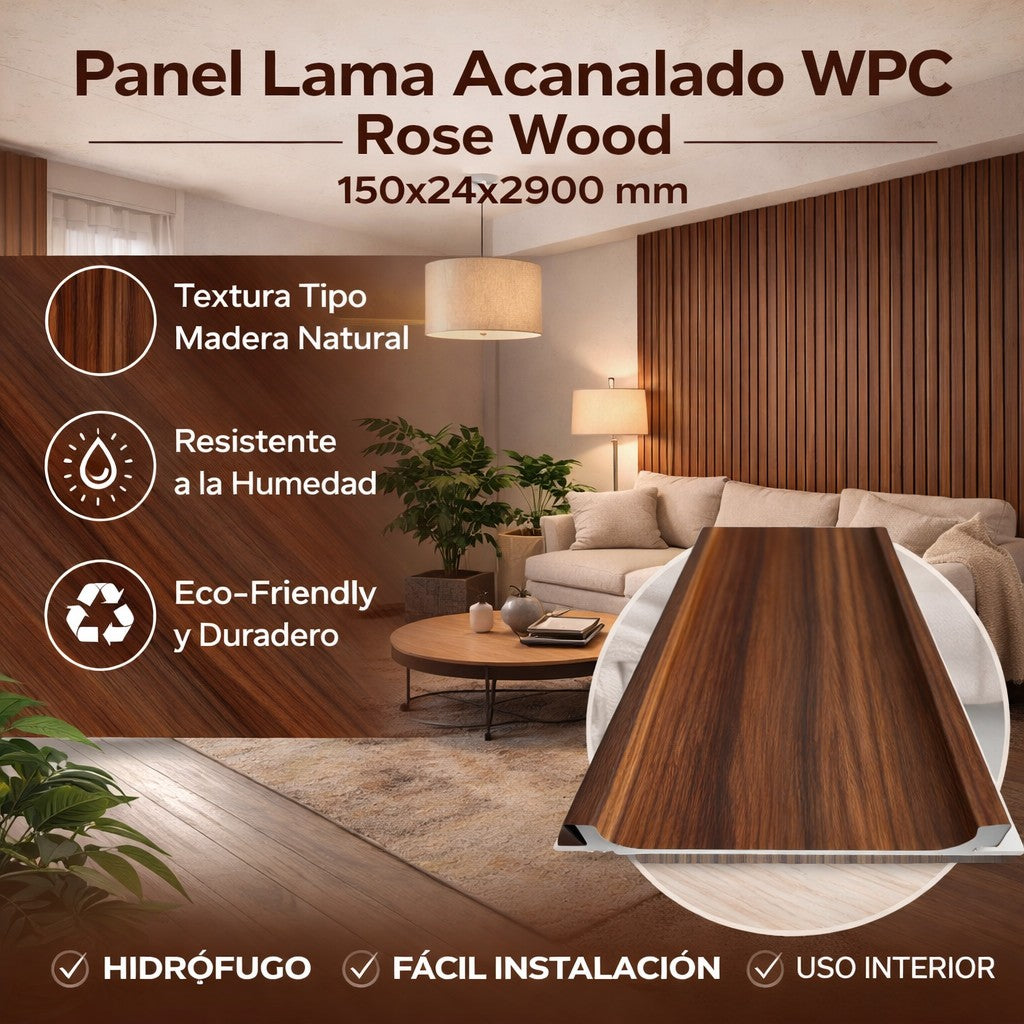 Panel Lama Acanalado WPC Rose Wood 150x24x2900 mm | Revestimiento Interior Hidrófugo para Muros y Techos