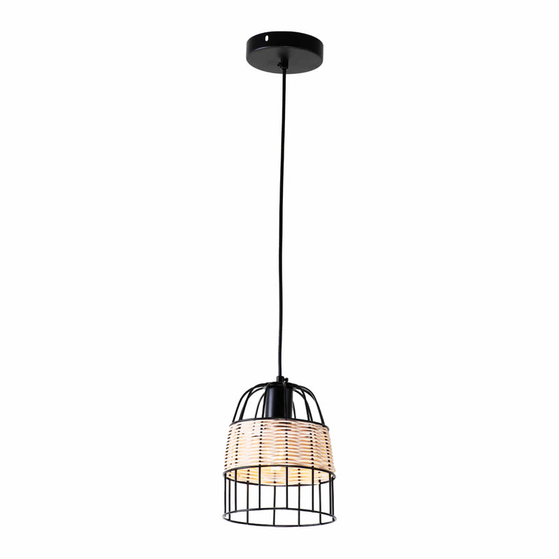 Lámpara Colgante Negra con Jaula de Rattan 1XE27 Diseño Moderno para Comedor, Cocina y Sala 160x160x1200mm Iluminación Estilizada y Funcional para el Hogar. Lámpara Colgante Industrial Vintage.