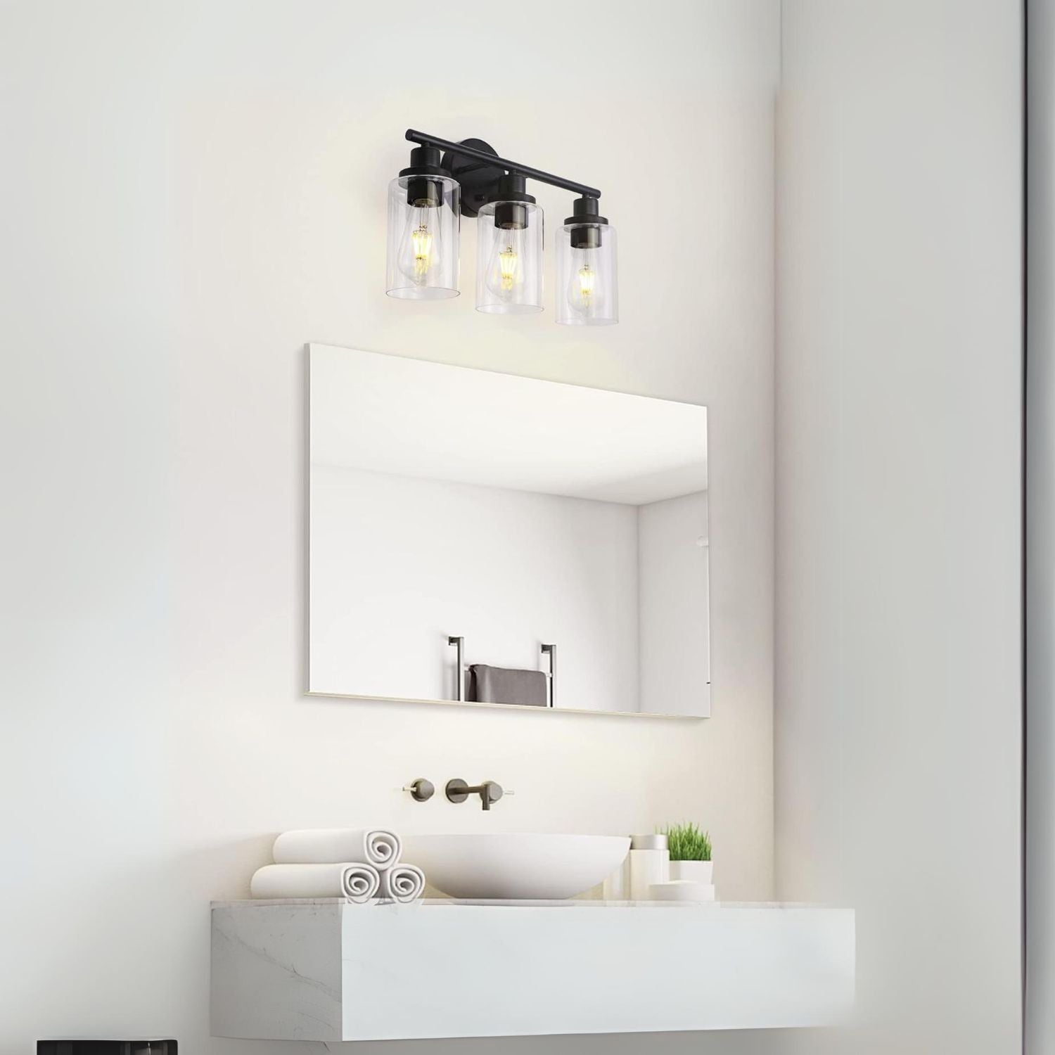 Lámpara de Pared Tocador de Baño Negra 3XE27 Iluminación Sofisticada y Versátil 440x170x280mm Pantalla de Vidrio. Ideal para baños, tocador, dormitorio y sala. Lámpara Vanity para Tocador.