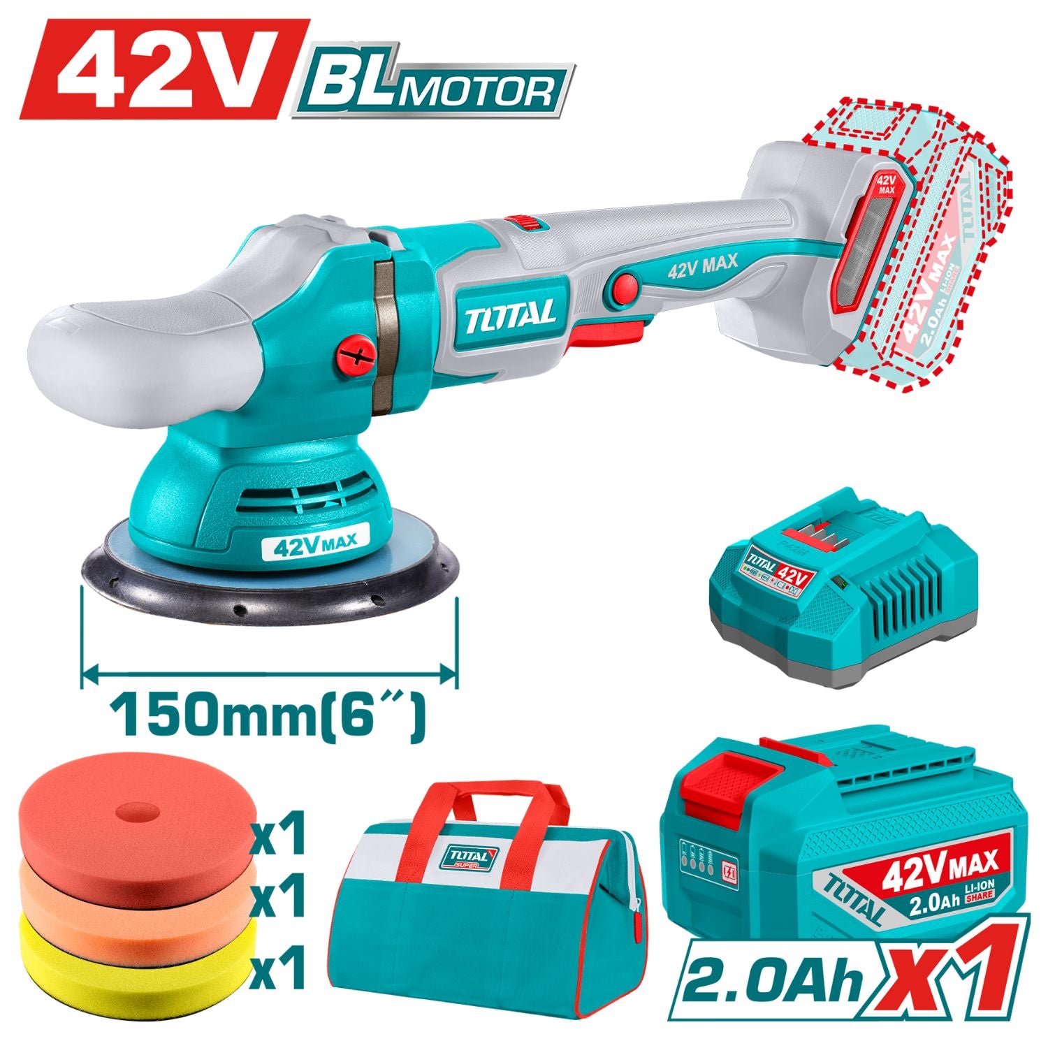 Pulidora Angular 150 mm 42V Inalámbrica. 2000 – 4500rpm. Incluye Batería, cargador y accesorios.  Pulidora de carro.