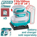 Lijadora de Mano Inalámbrica 20V Tamaño 110mmx100mm 12000 rpm. Incluye 5 hojas. Batería y cargador por separado.