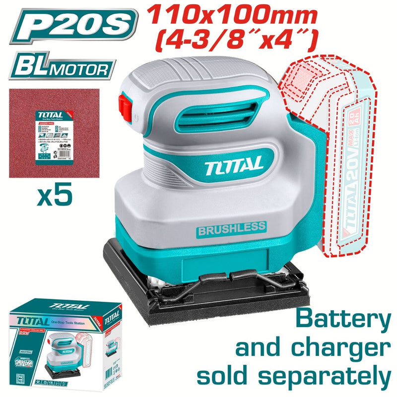 Lijadora de Mano Inalámbrica 20V Tamaño 110mmx100mm 12000 rpm. Incluye 5 hojas. Batería y cargador por separado.