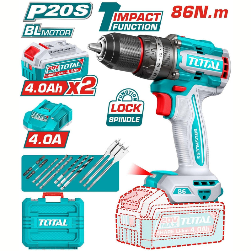 Drill Taladro Inalámbrico 86 Nm 20V Función De Impacto. Motor Sin Escobillas. Incluye Batería, Cargador Y Accesorios.