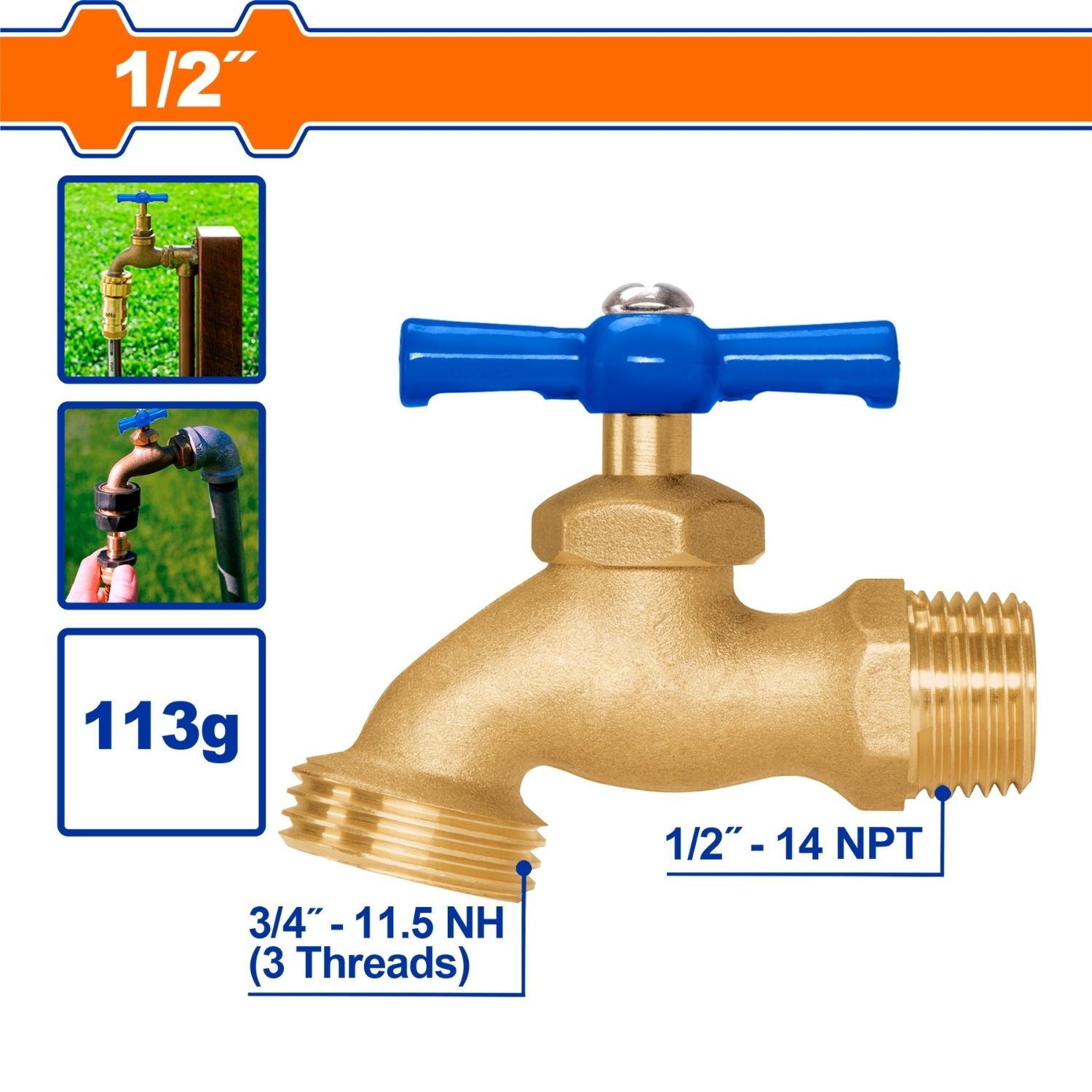 Llave de agua con rosca para manguera 1/2" (13mm) Peso: 113g. Uso en jardín y tomas de agua.