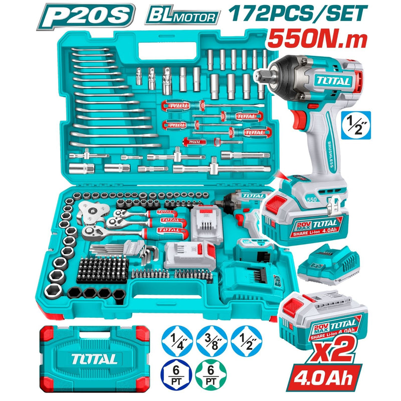 Combo del mes Total 20V Llave de Impacto Dado Cuadrado 1/2" 550Nm.  Set de Herramientas 172 piezas.  Batería 4.0Ah y Cargador POCAS UNIDADES.