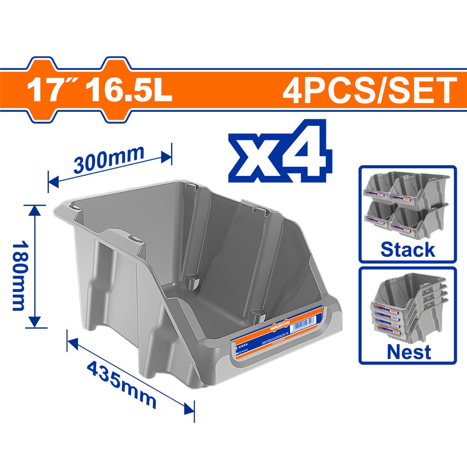 Caja de Plástico Apilable Organizador 17” (16.5L) 435 x300 x180mm Ideal para encajar, apilar y bloquear. Set 4 pzas.
