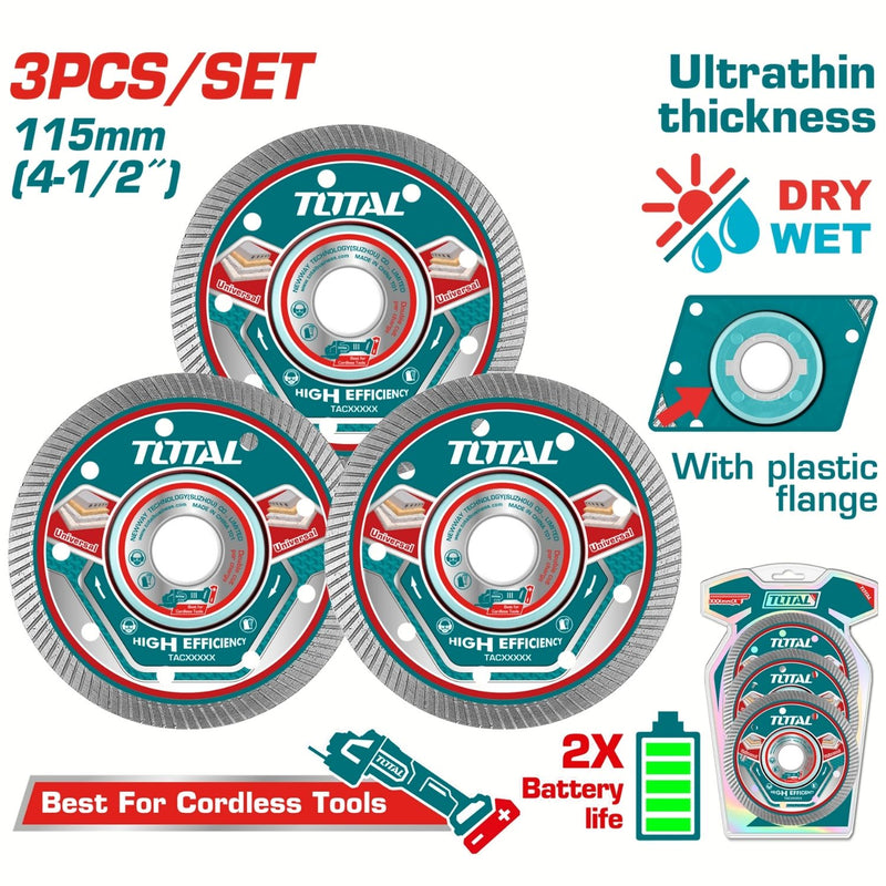 Discos de diamante para amoladora angular inalámbrica Hoja 10mm 15 mm (4 ½″) × 22,2 mm (7⁄8″) Set de 3 piezas. Ultradelgada. Húmedo y Seco