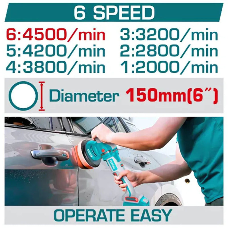 Pulidora Angular 150 mm 42V Inalámbrica. 2000 – 4500rpm. Incluye Batería, cargador y accesorios.  Pulidora de carro.