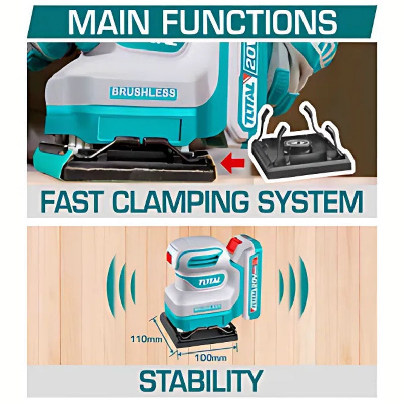 Lijadora de Mano Inalámbrica 20V Tamaño 110mmx100mm 12000 rpm. Incluye 5 hojas. Batería y cargador por separado.