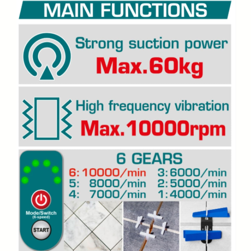 Vibradora para Baldosas Azulejos Inalámbrica 20V 0-10000rpm. Incluye batería y cargador y accesorios.