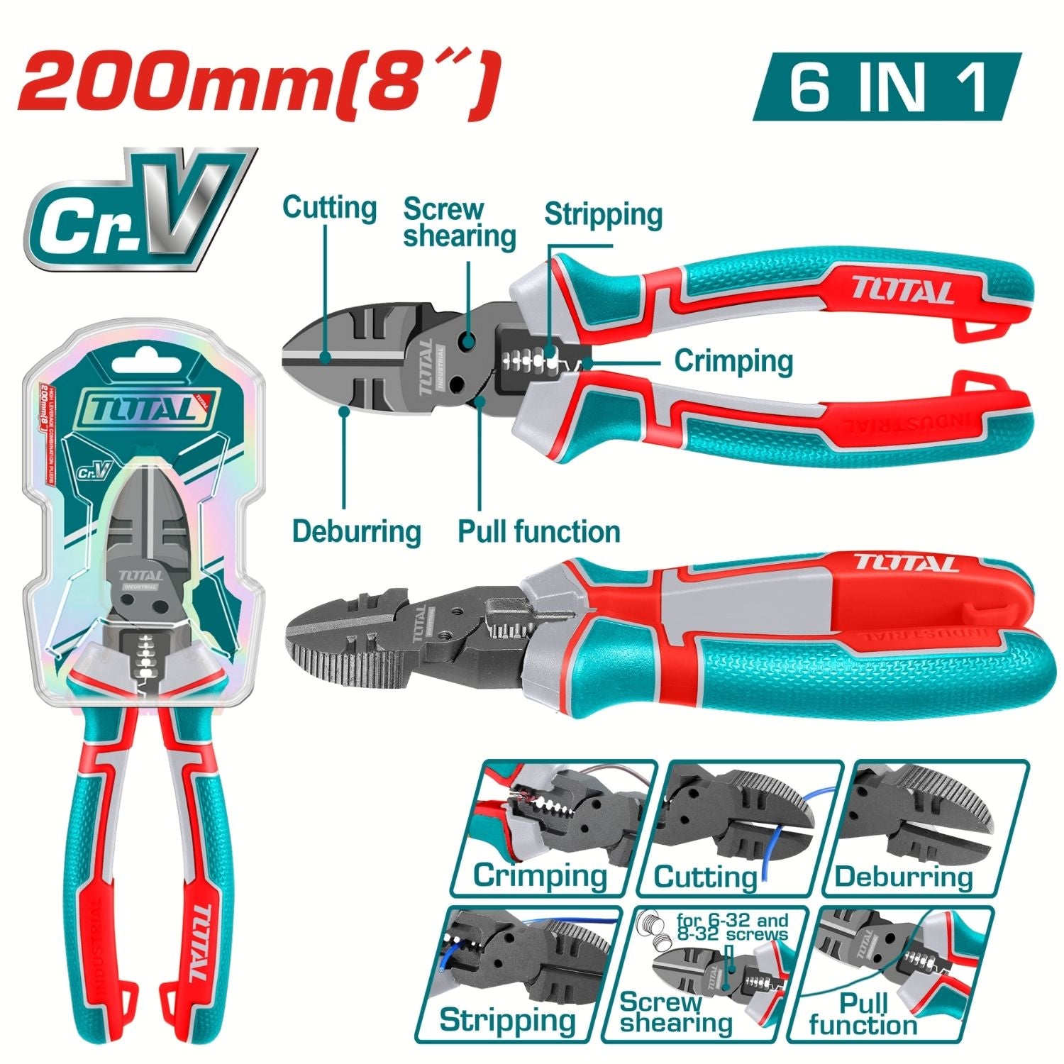 Alicate de Corte Diagonal 8” 6 en 1 Cr-V. Mango ergonómico Diseño multifunción.