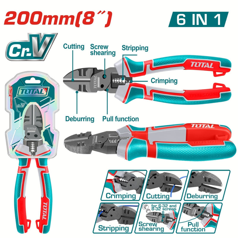 Alicate de Corte Diagonal 8” 6 en 1 Cr-V. Mango ergonómico Diseño multifunción.