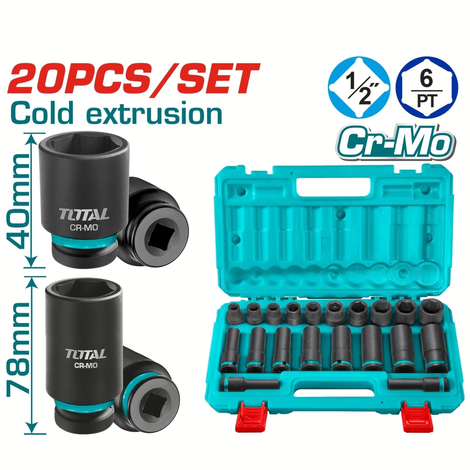 Dados Socket de Impacto ½”  10-24mm Long 78mm Cr-Mo Set 20 piezas