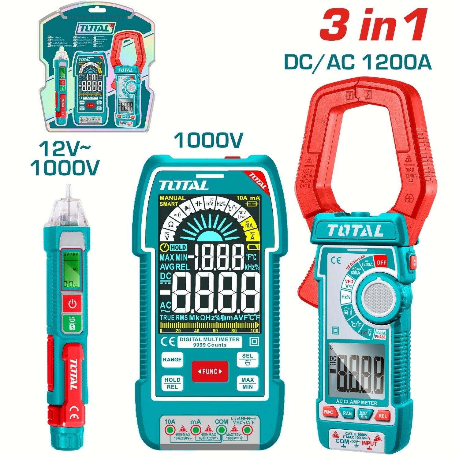 Pinza amperimétrica digital 1 200 A AC/DC, multímetro 1000 V y detector de voltaje 12 V–1 000 V Pruebas Eléctricas. Set de 3 piezas.