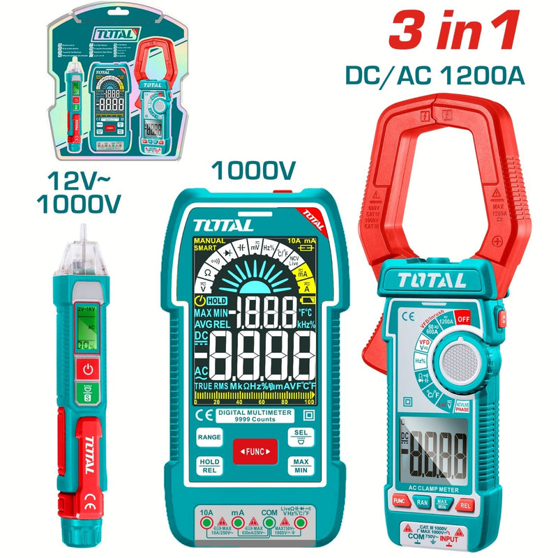 Pinza amperimétrica digital 1 200 A AC/DC, multímetro 1000 V y detector de voltaje 12 V–1 000 V Pruebas Eléctricas. Set de 3 piezas.