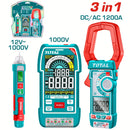 Pinza amperimétrica digital 1 200 A AC/DC, multímetro 1000 V y detector de voltaje 12 V–1 000 V Pruebas Eléctricas. Set de 3 piezas.