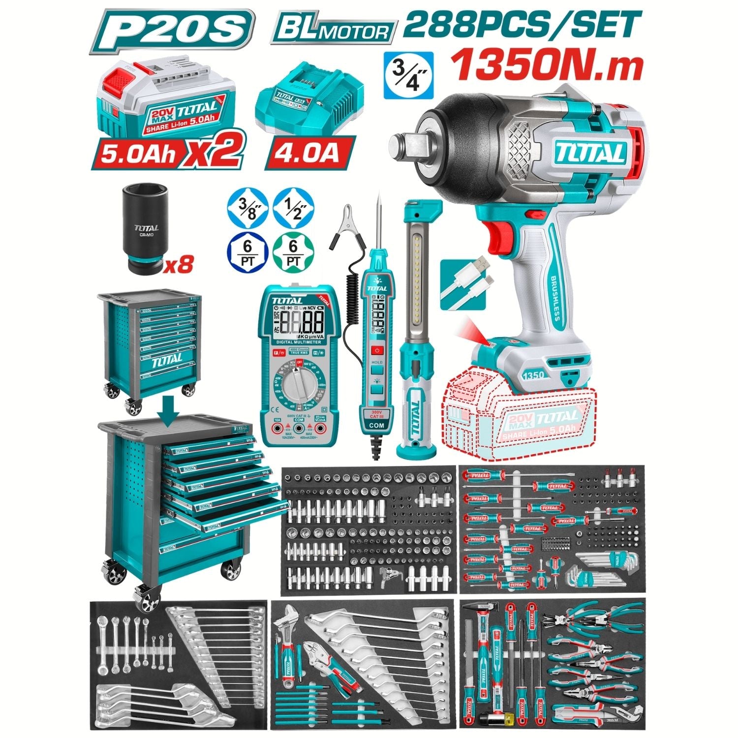 Llave de Impacto 1350Nm con Set de Herramientas 288 Piezas con Gabinete,Baterías 20 V y Accesorios