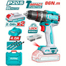 Taladro Inalámbrico 20V 1/2" 86Nm Impacto. Motor sin escobillas. Incluye 2 baterías y cargador y accesorios.