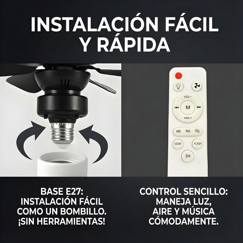 Abanico De Techo 20” Con Socket E27, Luz LED RGB Y 3 Tonos, Bocina Bluetooth. Ventilador Con 6 Aspas, 1600 Lúmenes Y Control Remoto. Color negro.